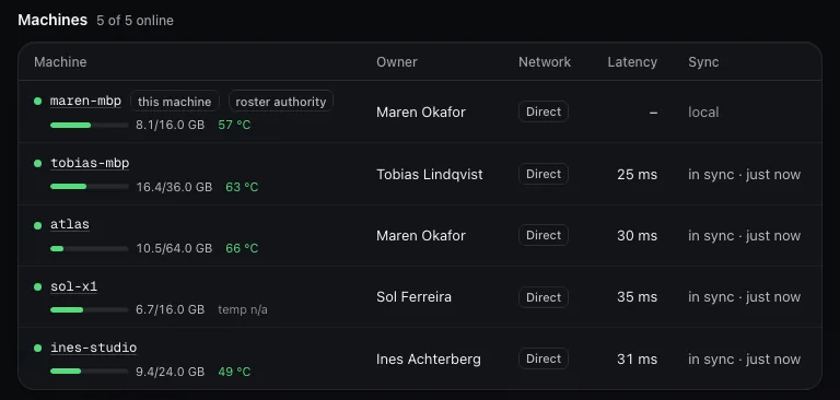 The Team page's machine list: five machines, all online and in sync, each on the Direct network with its latency.
